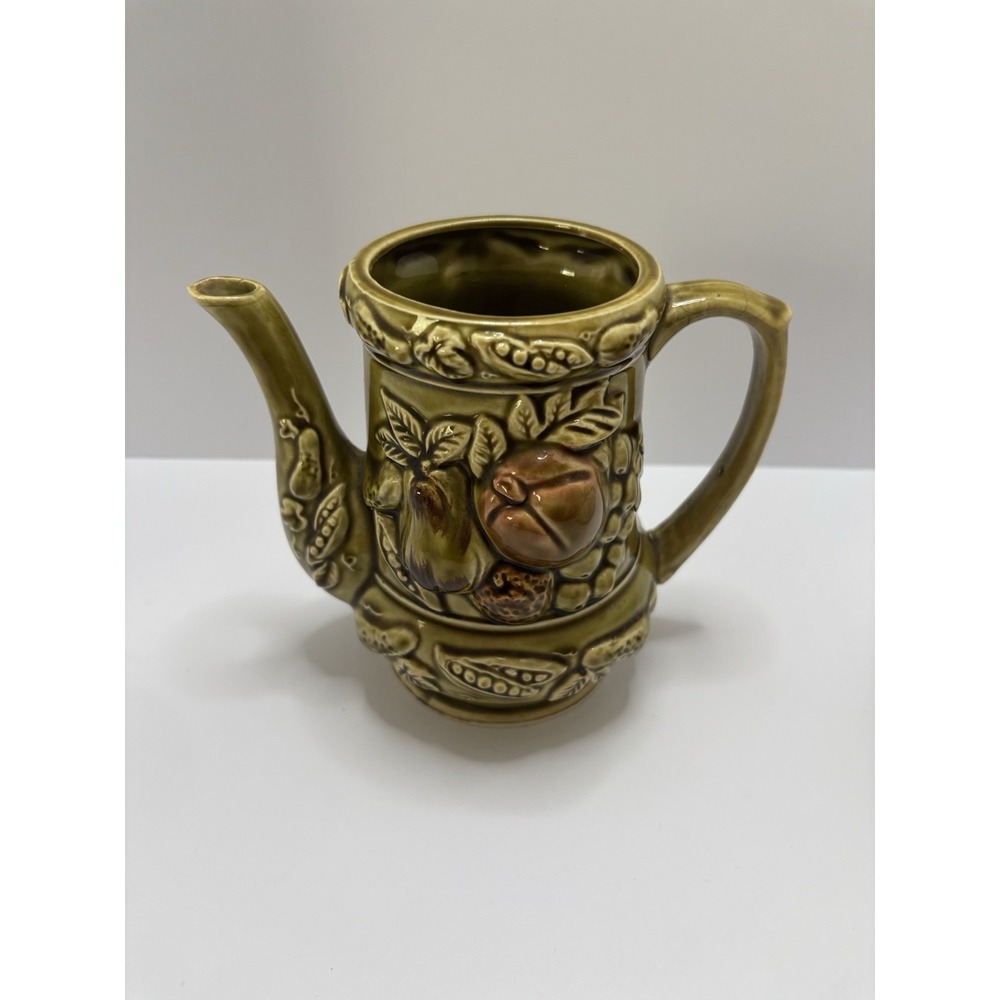 Vintage Tilso Coffee-Tea Pot Olive Green Ceramic, Fruits & Vegetables, 8", Japan